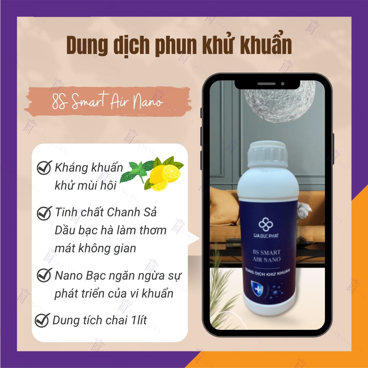 Dung Dịch Khử Khuẩn Nano Bạc - Hoàng Gia 8S SMART AIR NANO - Hàng Cao Cấp - Dùng Cho Máy Phun Sương Khử Khuẩn Văn Phòng, Hộ Gia đình, Xe ô tô - Công Nghệ Nano Bạc Giúp Diệt 99.99% Vi Khuẩn, Hương SẢ CHANH thơm mát