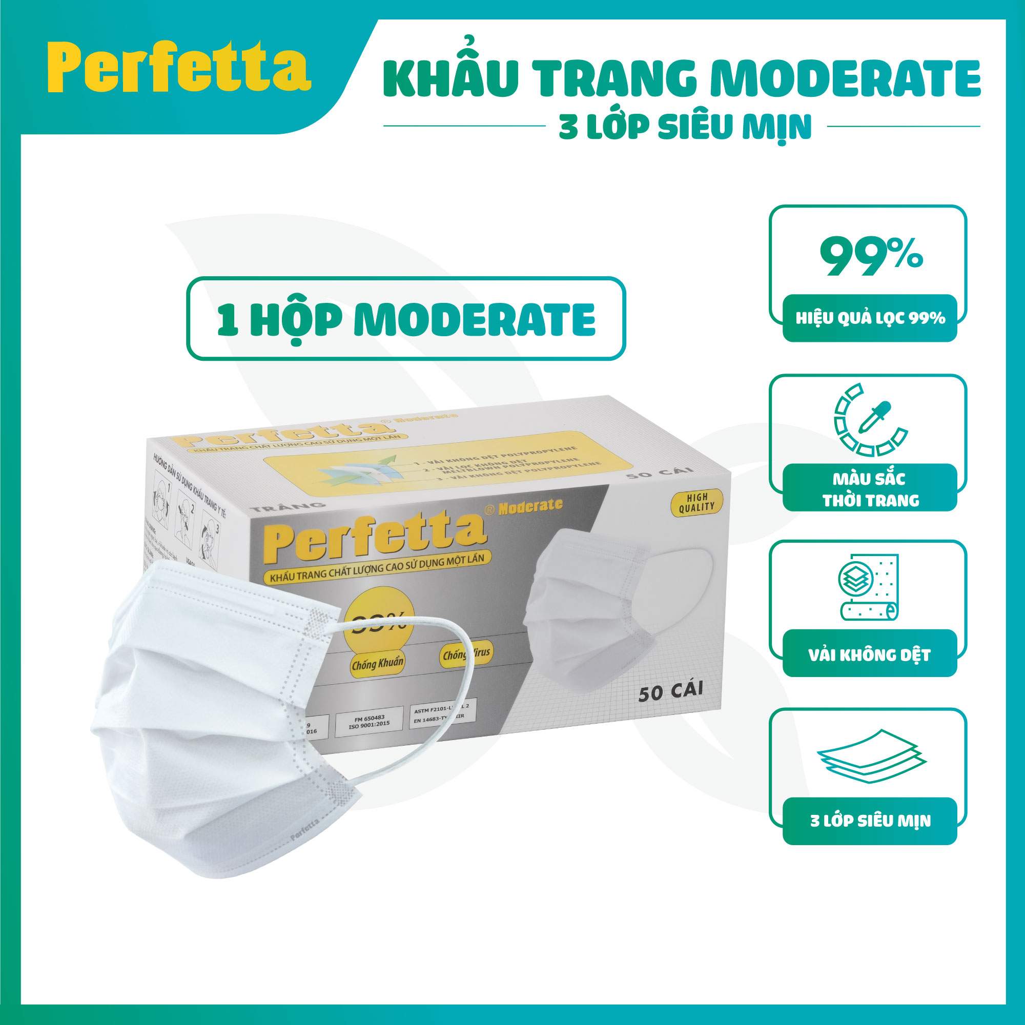 [1 HỘP - PERFETTA MODERATE] - Khẩu Trang Y Tế Chất Lượng Cao, Kháng Khuẩn, Chống Bụi Mịn, 3 Lớp, Bảo Vệ Tối Ưu - (50 cái/ hộp)