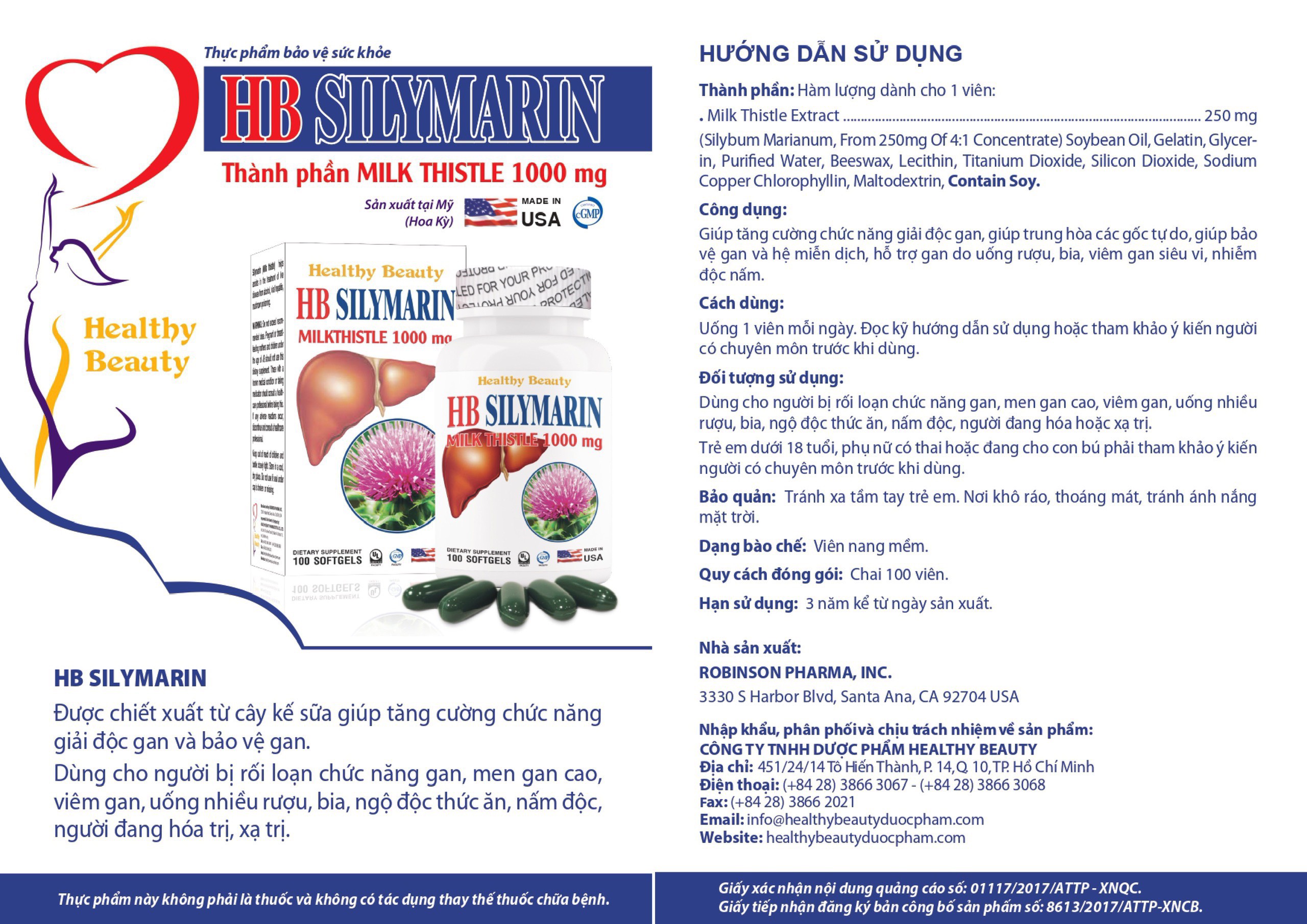 Viên uống bổ gan HB Silymarin Milk Thistle 1000mg nhập khẩu Mỹ, chiết xuất cây kế sữa tăng cường chức năng gan, hạ men gan, giải độc gan hộp 100 viên