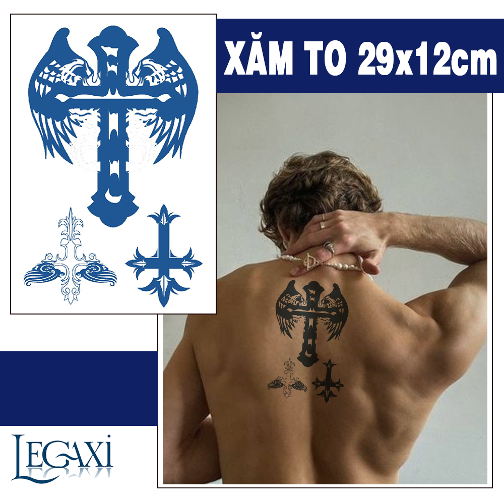Tờ Xăm Miếng Dán Tattoo 15 Ngày Không Trôi Chống Thấm Nước Tạm Thời Thánh giá chữ thập có cánh Legaxi
