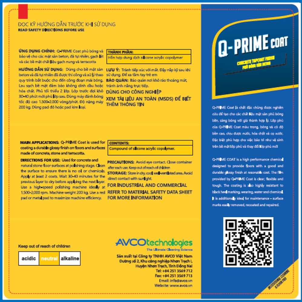 Phủ bóng sàn bê tông AVCOChem - Q PRIME Coat - Siêu bóng bền tiết kiệm - Can 4 lít - Hàng chính hãng