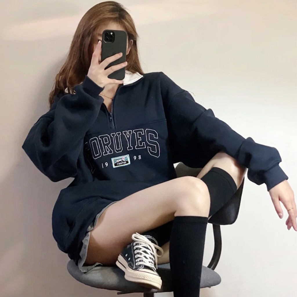 Áo Nỉ  Nam Nữ Cổ Polo Trắng Nổi Bật, Áo Hoodies Cổ khoá Bẻ V 1998 Thời Trang