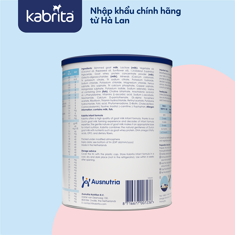 Sữa dê Kabrita số 1 cho trẻ từ 0-12 tháng - Lon 800g