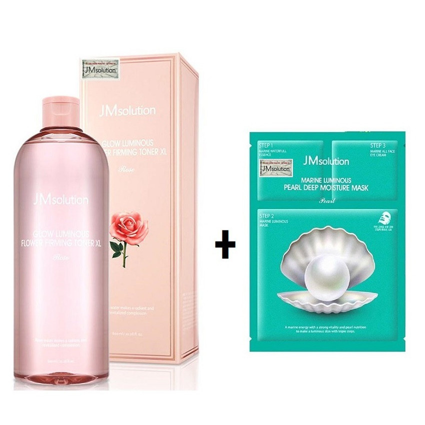 Nước Hoa Hồng Dưỡng Trắng, Đàn Hồi Cho Da JM Solution Glow Luminous Flower Firming Toner XL Rose 600ml + Tặng 01 Mặt Nạ Ngọc Trai 3in1 JMSolution 30ml