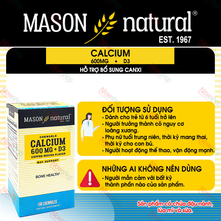 Viên nhai bổ sung canxi và vitamin D3 Mason Natural Chewable Calcium 600MG + D3 vị cafe mocha