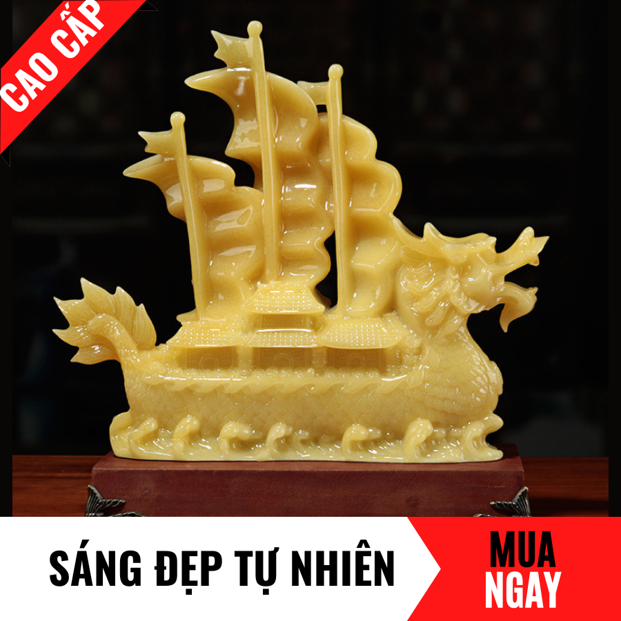 Thuyền Buồm Rồng Trang Trí Phong Thủy Bằng Đá Hoàng Ngọc Cao 31cm