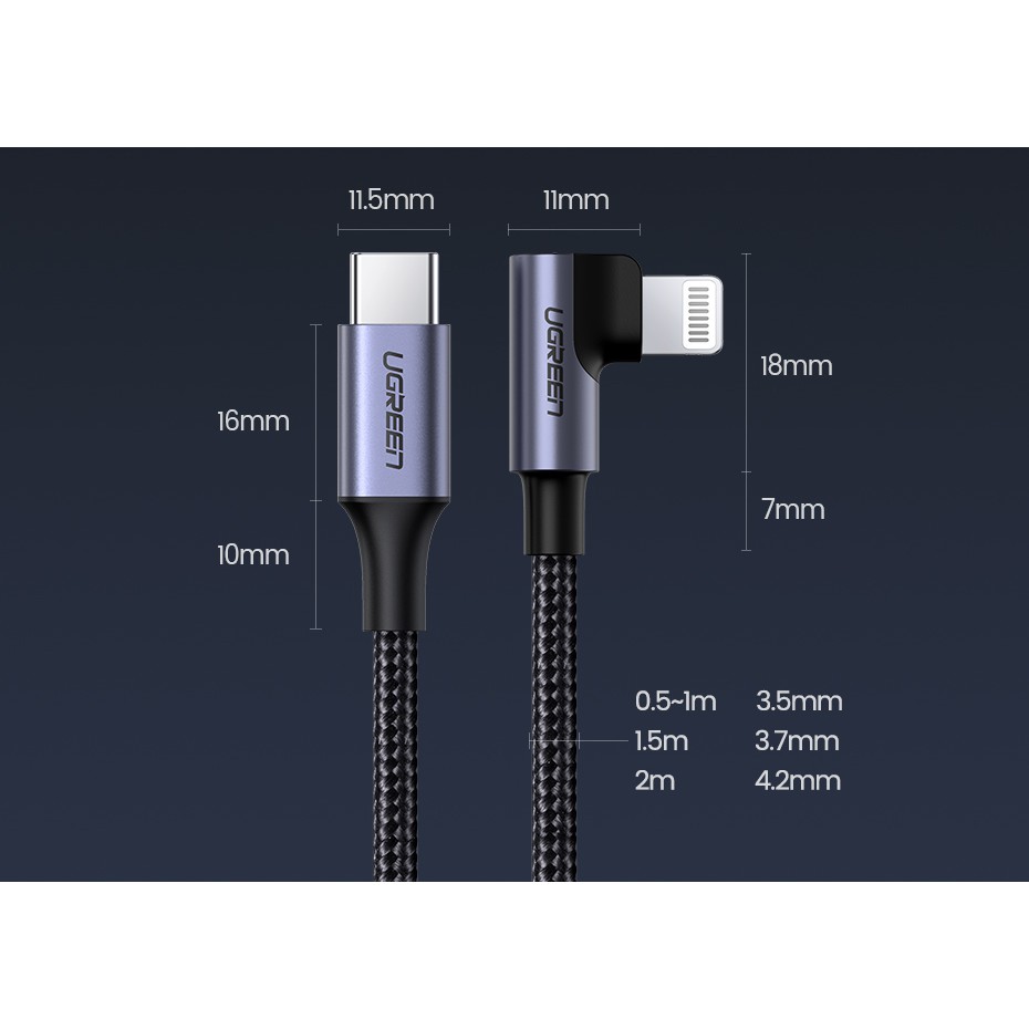 Dây cáp UGREEN bện nylon dạng góc 90 độ MFI cổng USB-C sang IP hàng chính hãng