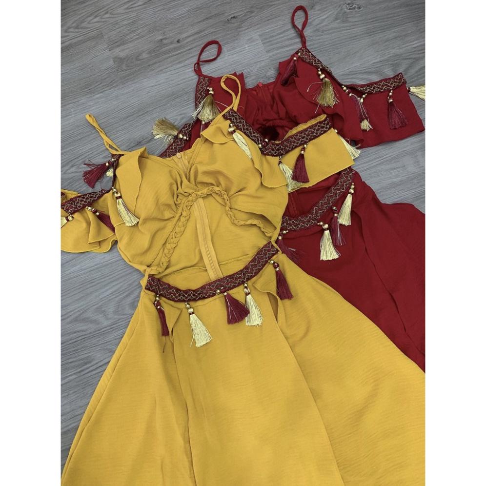Đầm váy maxi thổ cẩm lụa có mút ngực vàng xanh đỏ 2 dây cổ V xẻ đùi đi biển dự tiệc dạo phố bigsize gợi cảm sexy