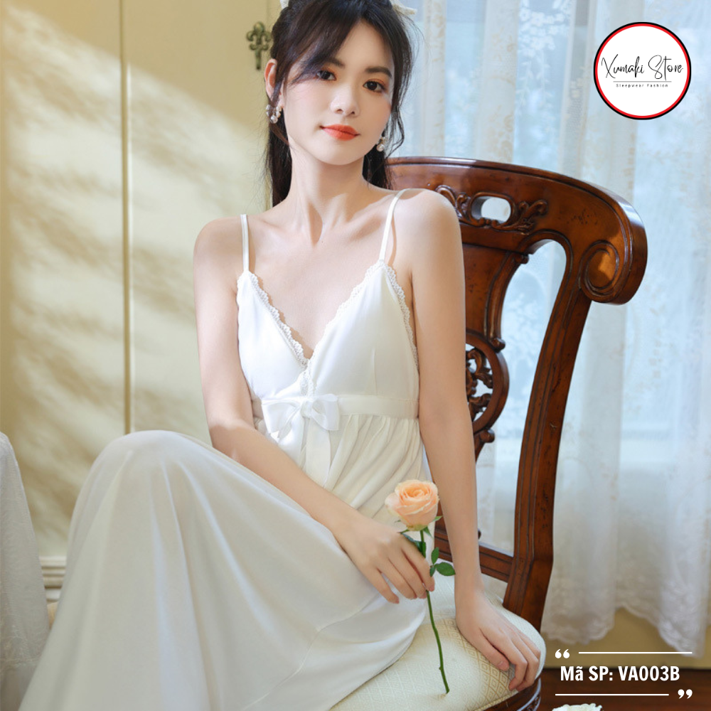 Váy nữ 2 dây dáng dài họa tiết nơ chất cotton cao cấp 2 màu trắng vàng Xumaki Store VA003B