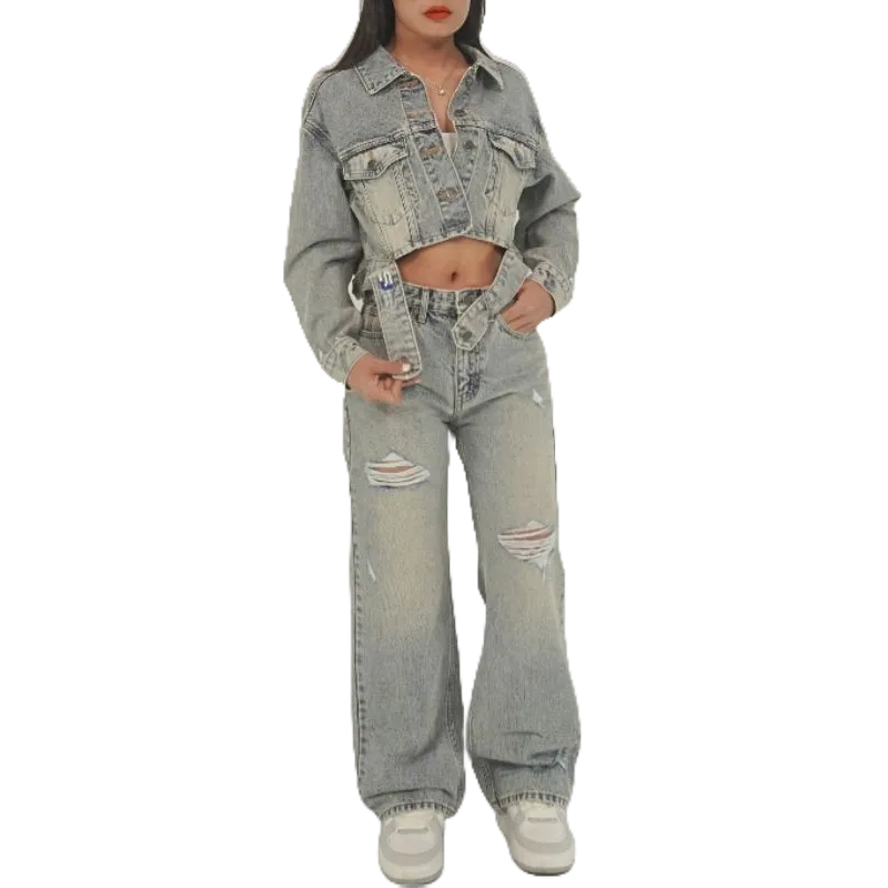 Áo khoác jean nữ đai kiểu A3,Quần ống rộng P13, phong cách thương hieu Samma Jeans