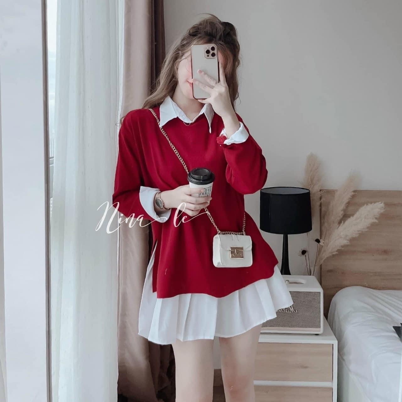 SET ĐẦM SƠ MI SUÔNG TRƠN VÁY XẾP LY NHẸ + ÁO THUN ĐỎ TRƠN TAY DÀI DẠO PHỐ DỰ TIỆC GIÁNG SINH NOEL