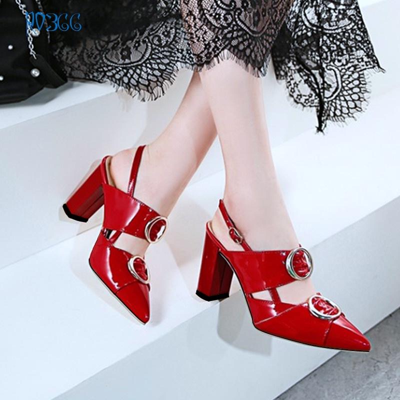 Giày sandal nữ cao gót 7 phân hàng hiệu rosata hai màu đen đỏ ro366