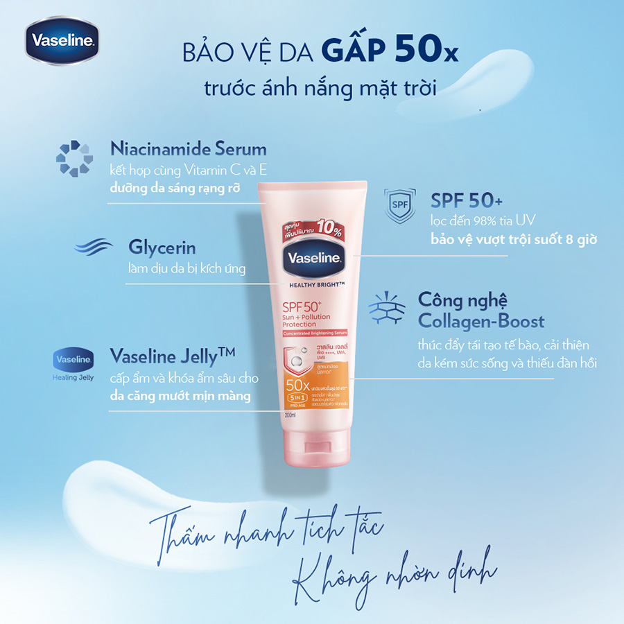 Vaseline 50x Serum Chống Nắng Cơ Thể SPF50 + Dưỡng Da Sáng Khoẻ 200ml