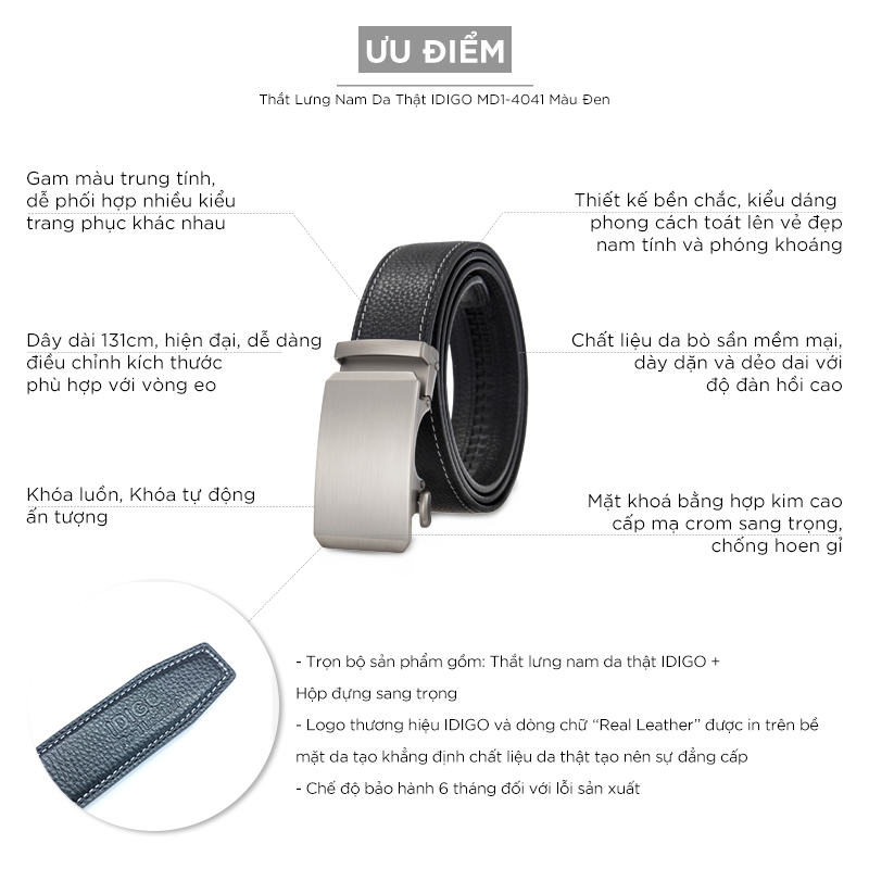 Thắt Lưng Nam Da Thật IDIGO MD1-4041 Màu Đen