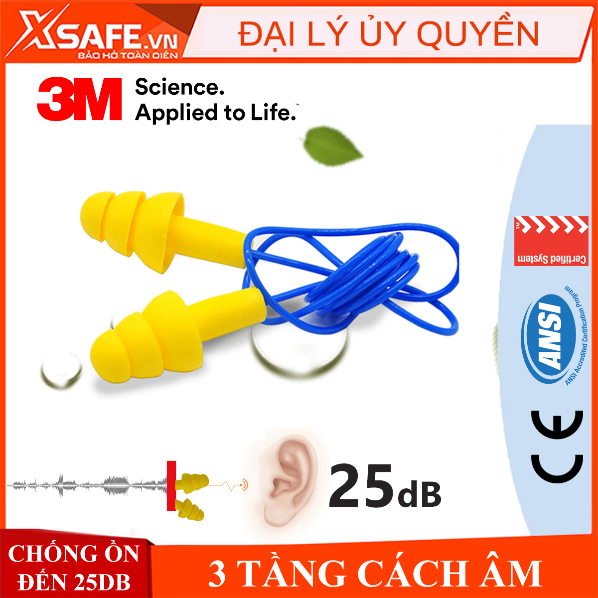 Nút tai chống ồn 3M Ultrafit 340-4004 - Bịt tai chống ồn, cách âm 3 tầng, có dây chống thất lạc - Xsafe