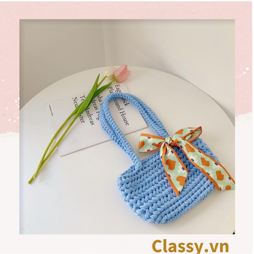 Túi làm từ sợi len nhiều màu pastel Classy, quai xách chắc chắn có đính kèm nơ thời trang T1240