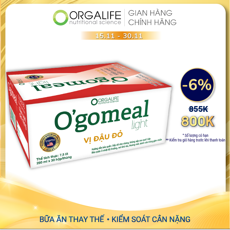 Thùng 30 hộp O'gomeal light Vị Đậu Đỏ - Giải pháp thay thế bữa ăn - Giảm cân an toàn - Orgalife