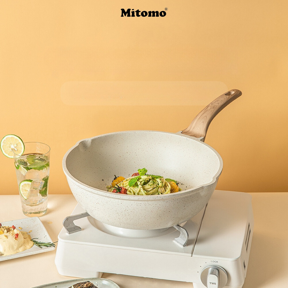 Bộ nồi vân đá chóng dính cao cấp 4 món Mitomo, đúc nguyên khối, nấu trên mọi loại bếp - Hàng chính hãng