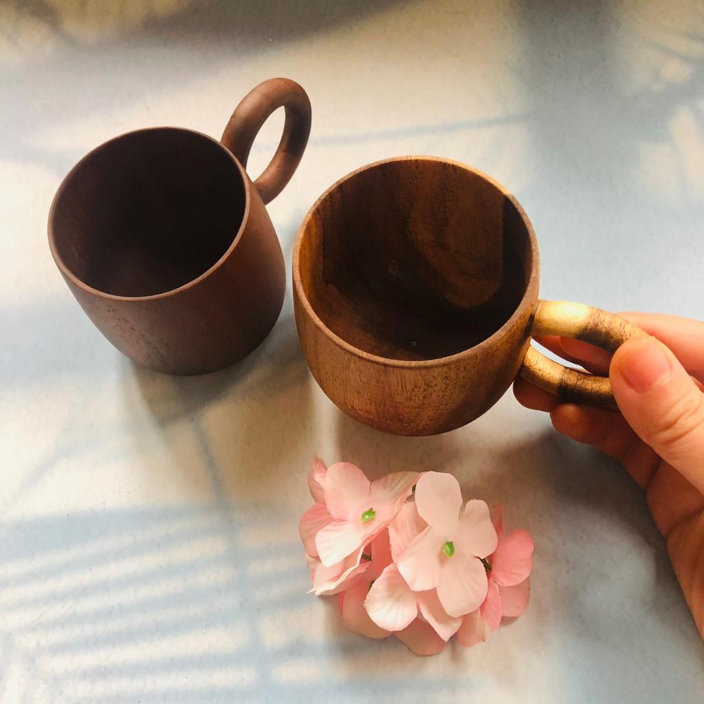 Cốc Gỗ Keo Nâu Đen 7x7 cm, Có Quai Tay Cầm, Cốc Uống Trà, Cà Phê, Phong Cách Vintage, Chụp Ảnh Trang Trí Xinh Xắn