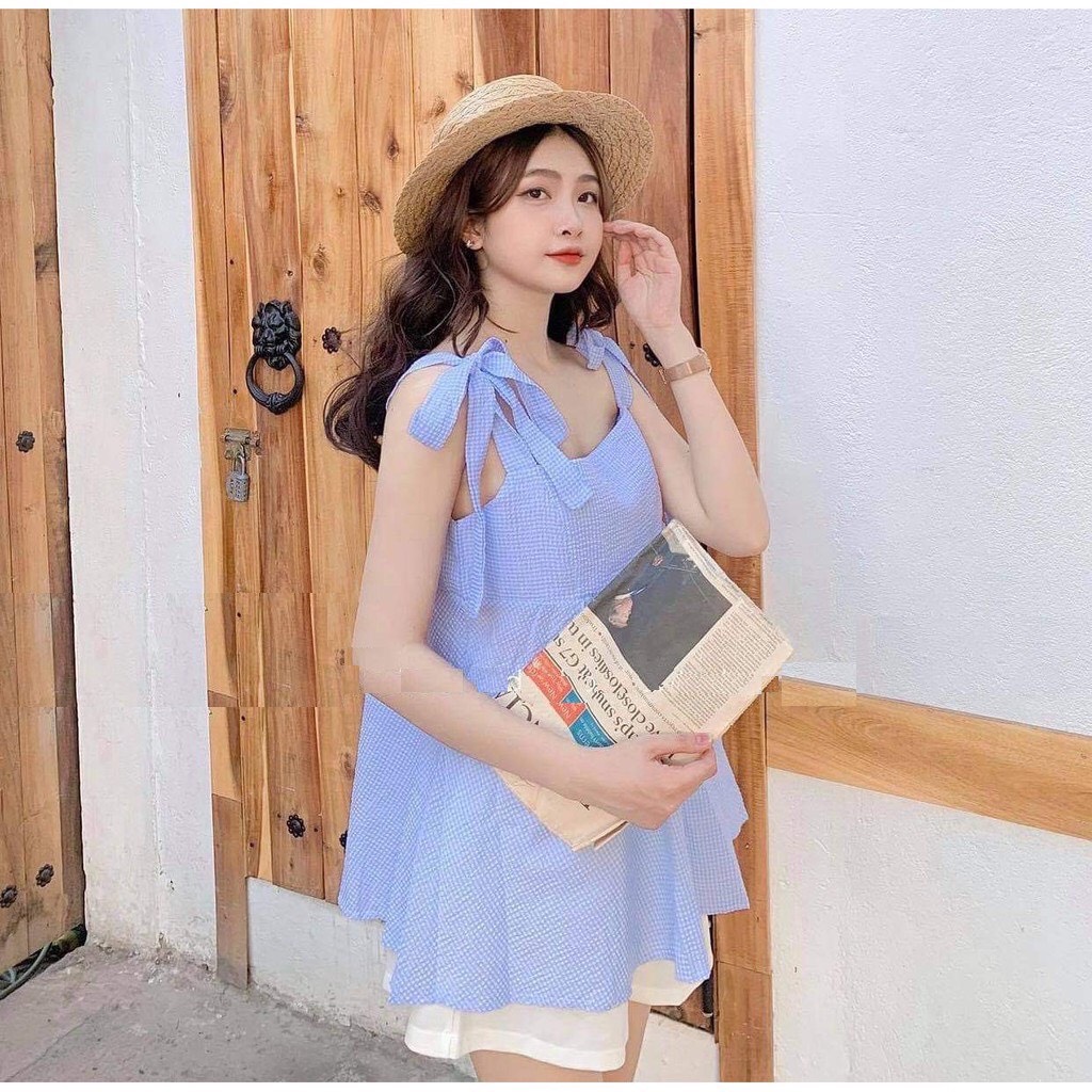 Sét bộ nữ áo 2 dây buộc nơ babydoll kẻ caro và quần sooc