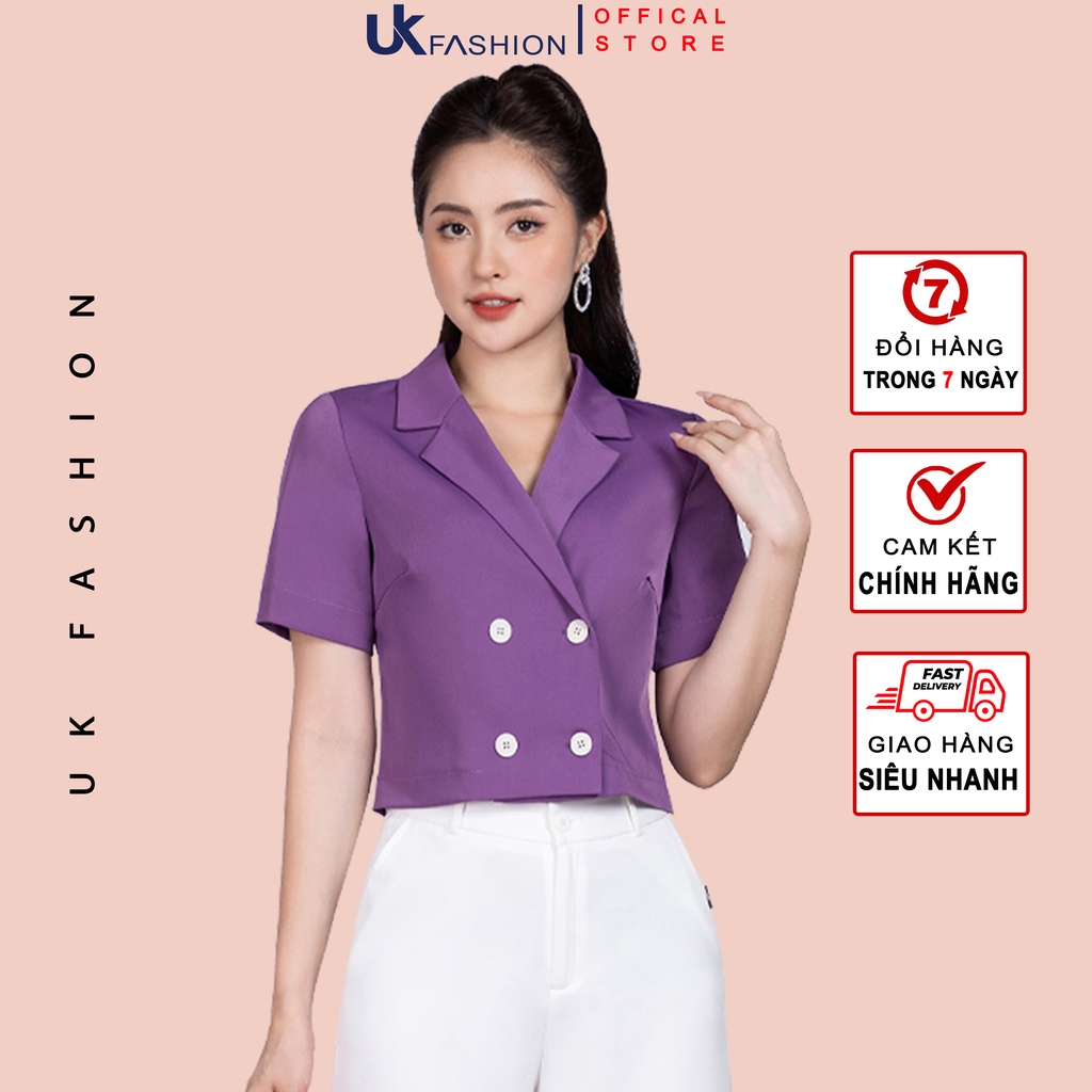 Áo sơ mi nữ cổ vest 4 cúc croptop ngắn tay thời trang thiết kế UK Fashion vải Hàn không nhăn màu tím, vàng NKSM2206009