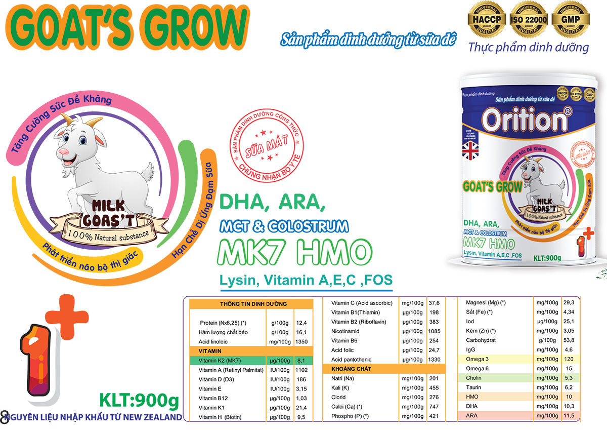 Sữa bột ORITION GOAT'S GROW sữa dê giúp bé ăn ngon ngủ tốt, tăng cường trí nhớ, phát triển toàn diện-900G
