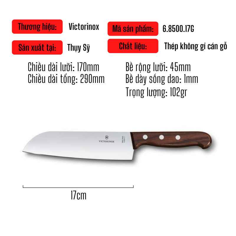 Dao Bếp Cao Cấp VICTORINOX Santoku Cạnh Thẳng Cán Gỗ Hồng Mộc 17cm