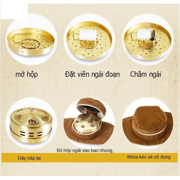 Đai xông ngải cứu bằng đồng cao cấp ít khói + Bao nhung 1 đầu+ Hộp ngải đoạn cao cấp 108 viên