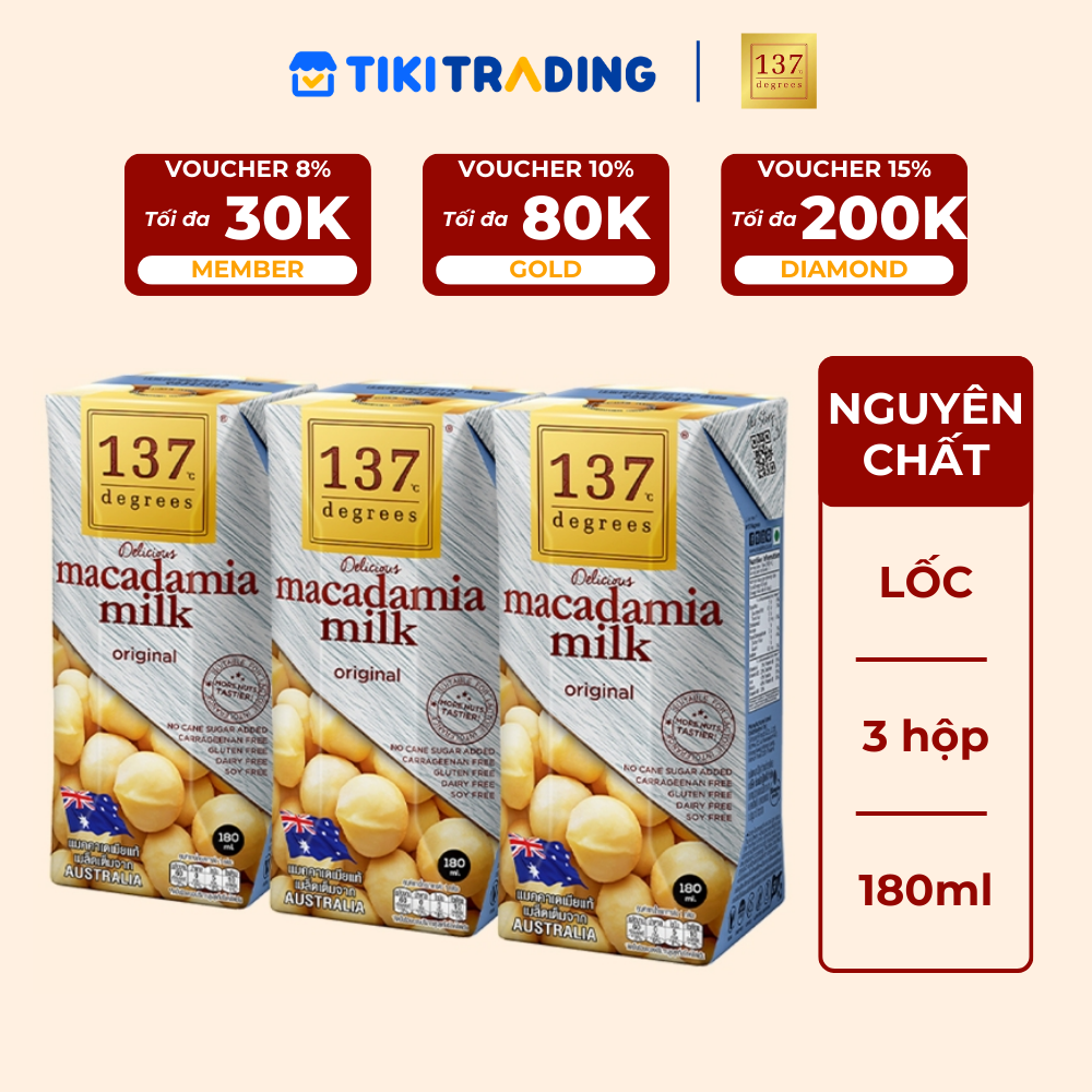Lốc 3 hộp Sữa hạt Macca Nguyên chất 137 DEGREES 180ml