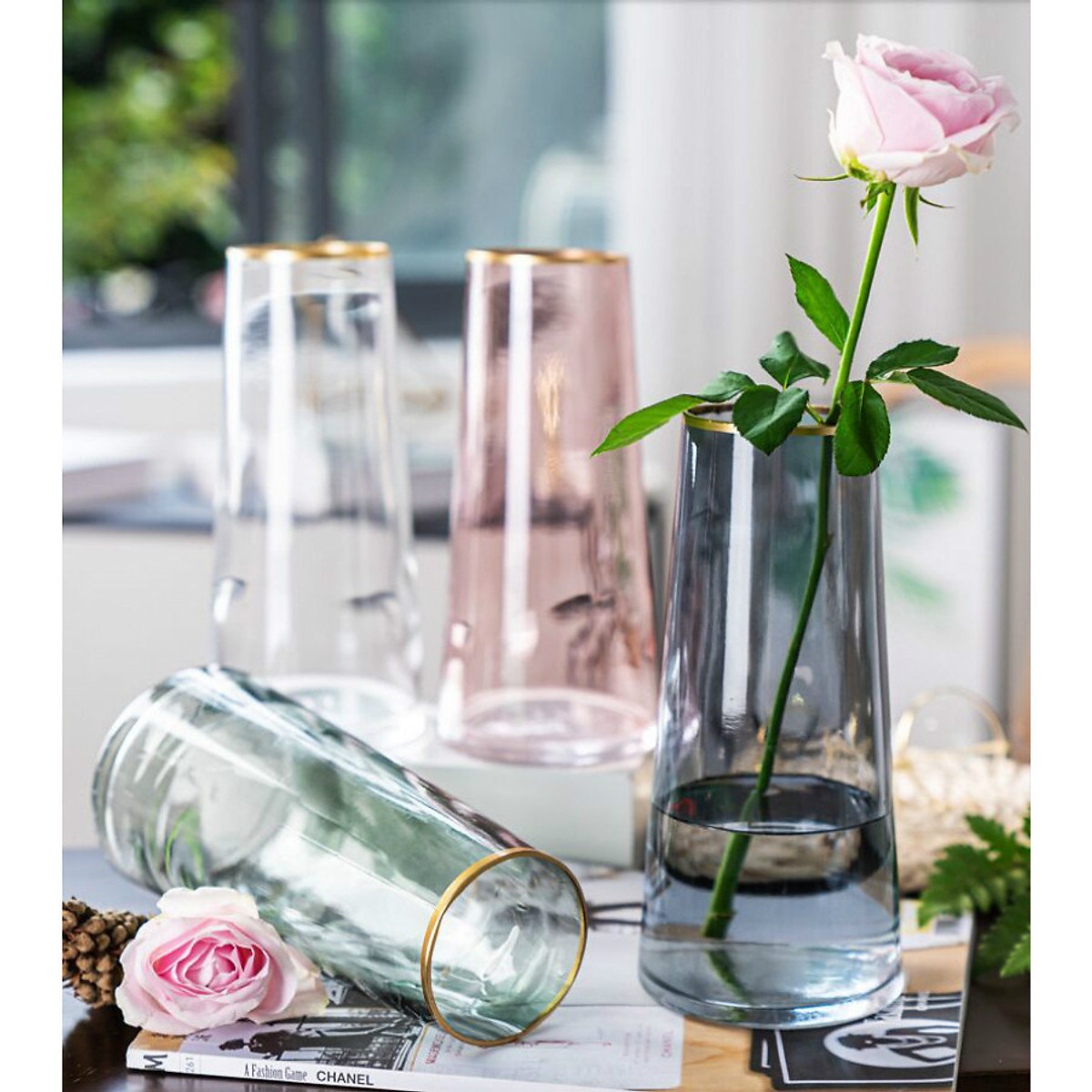 Lọ hoa thủy tinh viền vàng decor để bàn trang trí nội thất - Lọ hoa Bắc Âu