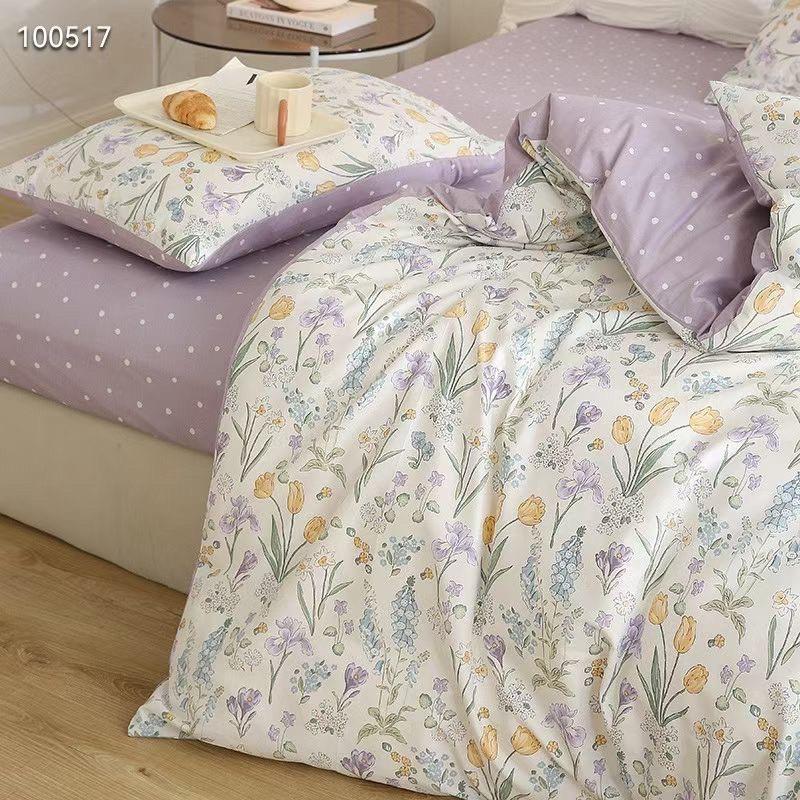 Set Cotton Living Hàn Quốc Hàng Nhập Khẩu Cao Cấp 4 Món Hoa Tím Vintage