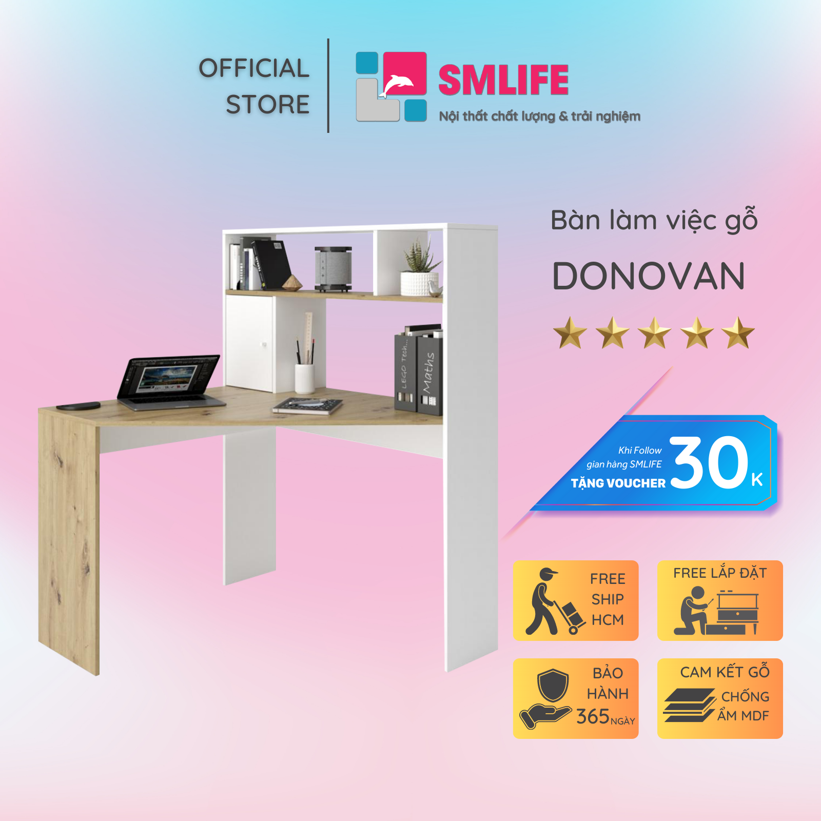 Bàn làm việc gỗ MDF liền tủ tài liệu SMLIFE Donovan