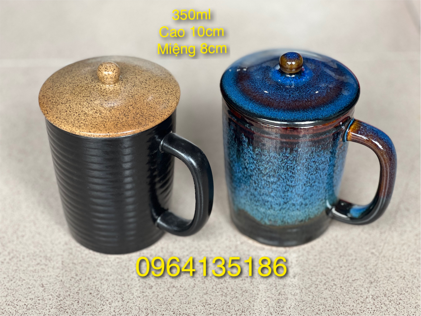 Cốc quai dung tích 350ml có nắp đậy gốm sứ cao cấp Bát Tràng