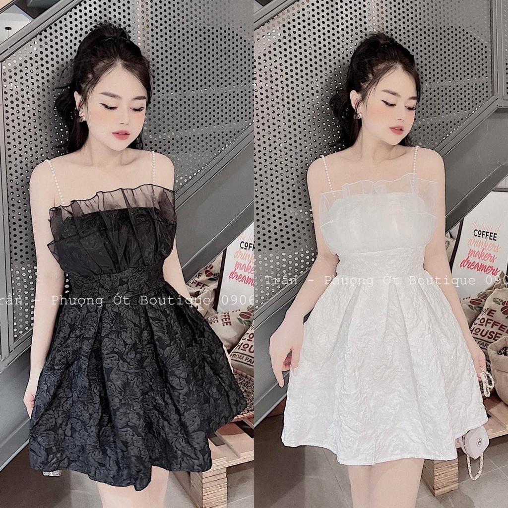 Đầm Gấm Hoa 2 Dây Ngọc Chun Lưng Có Mút Ngực, Váy Gấm Hoa 2 Dây Vải Xốp Dây Ngọc Mút Ngực Sang Chảnh