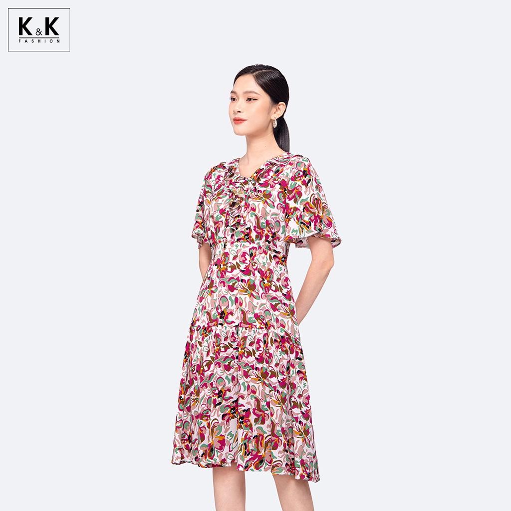 Đầm Hoa Công Sở Nữ Viền Bèo K&amp;K Fashion KK117-31 Chất Liệu Lụa