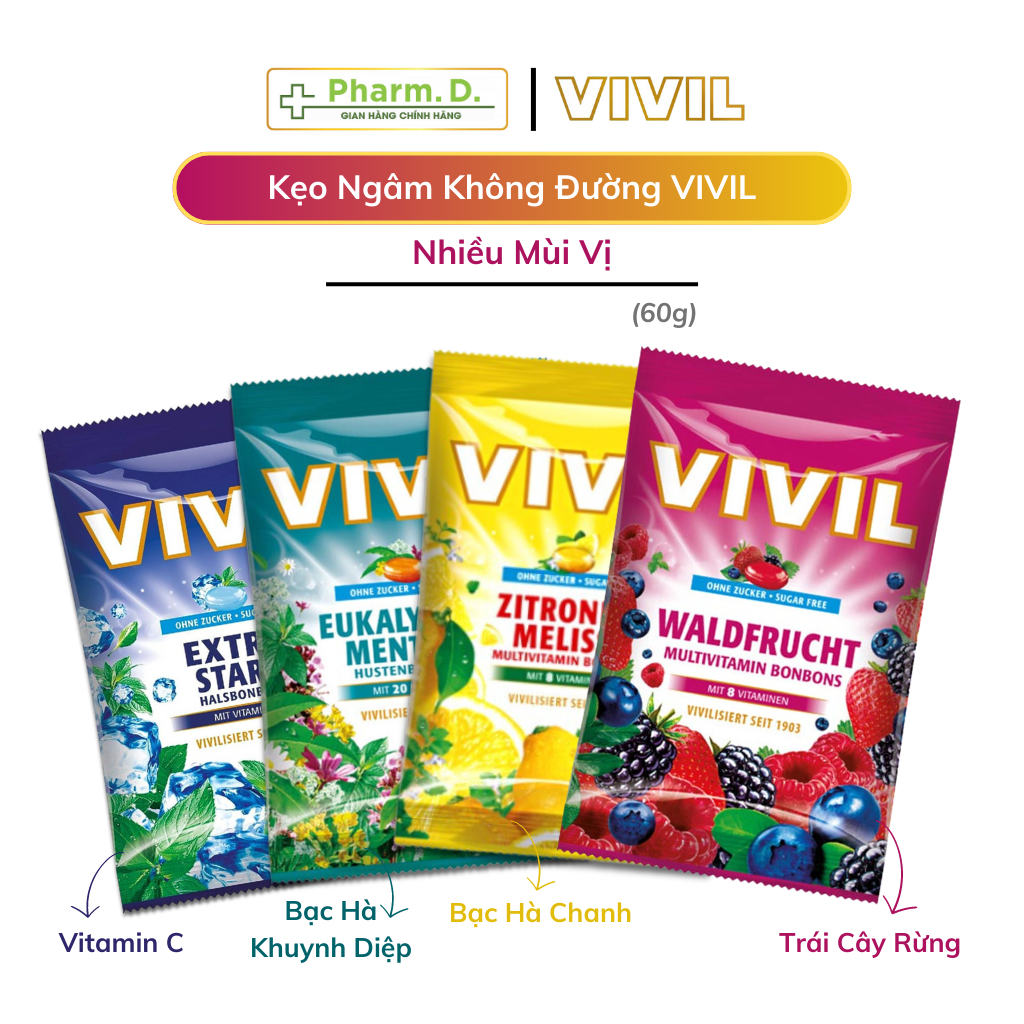 Kẹo Ngậm Không Đường VIVIL Nhiều Mùi Vị Hỗ Trợ Sức Khỏe (Gói 60g)