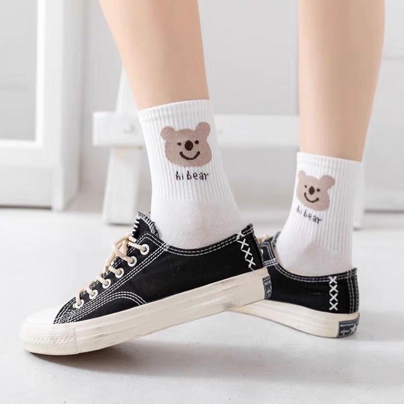 Set 5 đôi tất cổ cao, vớ nữ cổ cao trắng hoạ tiết hình gấu dễ thương vải co giãn thời trang phong cách Hàn Quốc.