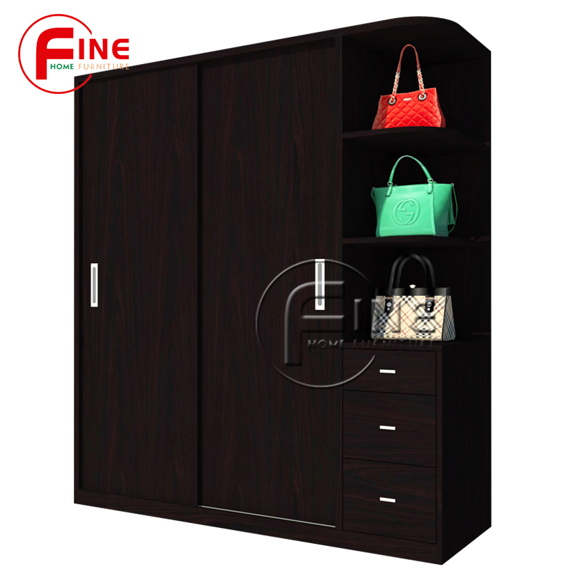 Tủ Quần Áo 2 Cánh Cửa Lùa và 3 hộc kéo và kệ trưng bày hiện đại sang trọng FINE FT198T Kích thước 1m6