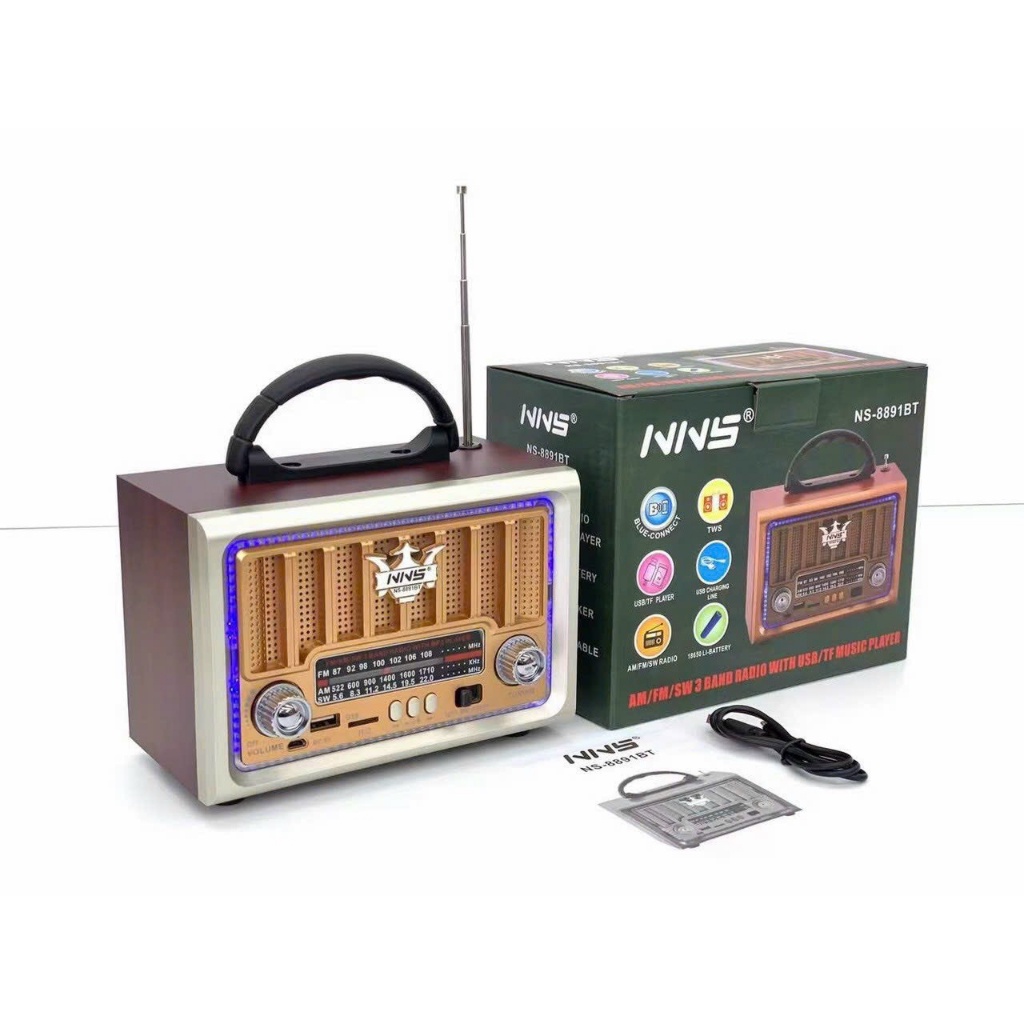 Đài Radio FM -Bluetooth NSS 8891BT Kiểu Dáng Cổ Điển Sang Trọng Hỗ Trợ USB, Thẻ nhớ, Chạy Pin Sạc-Hàng Chính Hãng