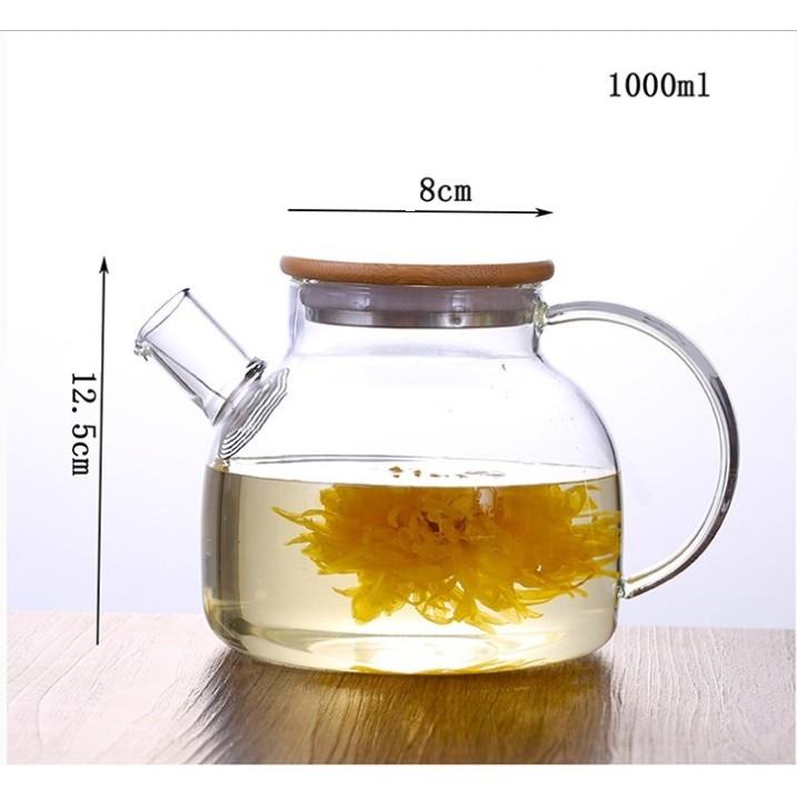Bộ ấm trà thủy tinh ấm size 1000ml kèm khay trúc BAT 73