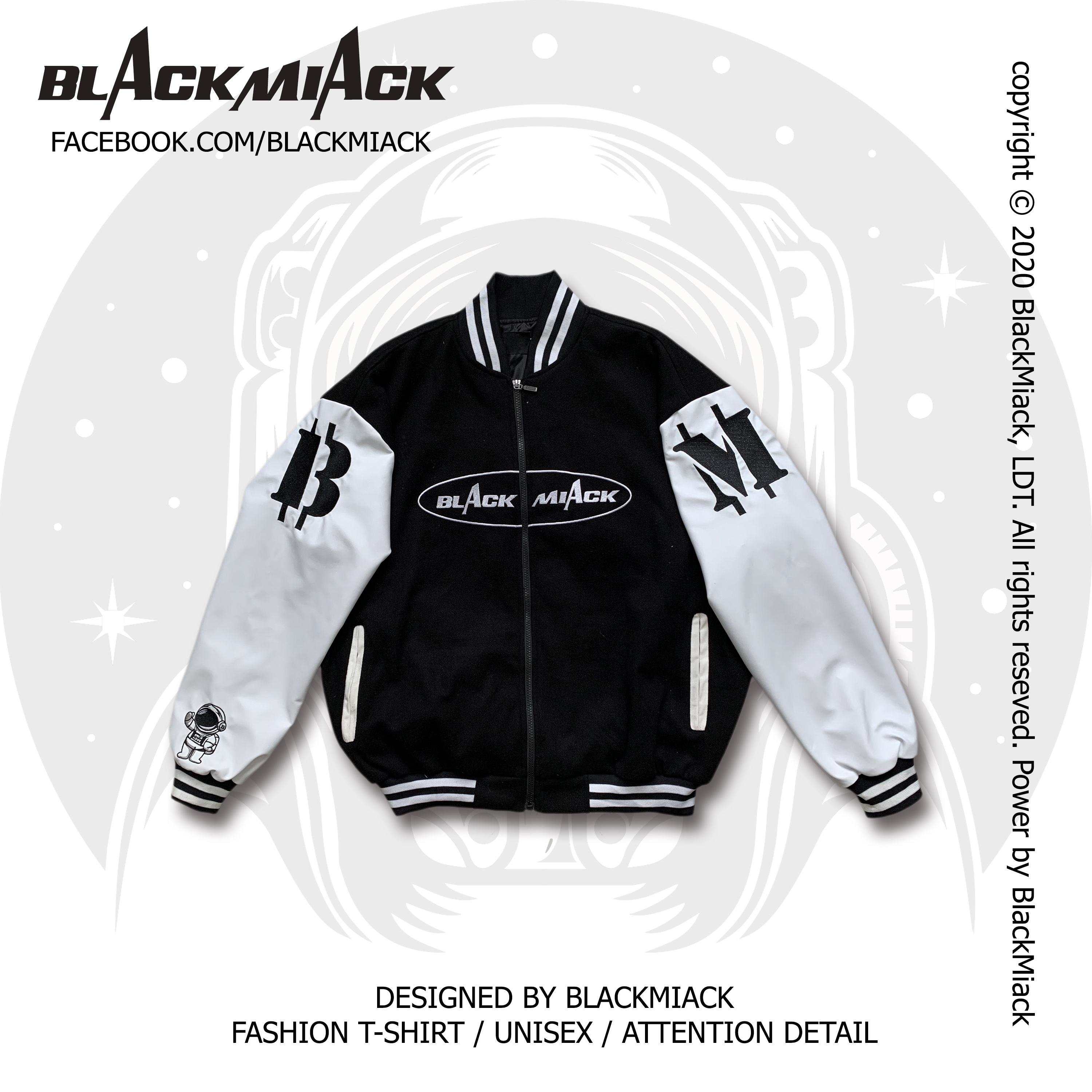 Áo Khoác Vasity Nỉ Dạ, tay Da, Full Thêu Nam Nữ- BLACKMIACK Jacket BM1