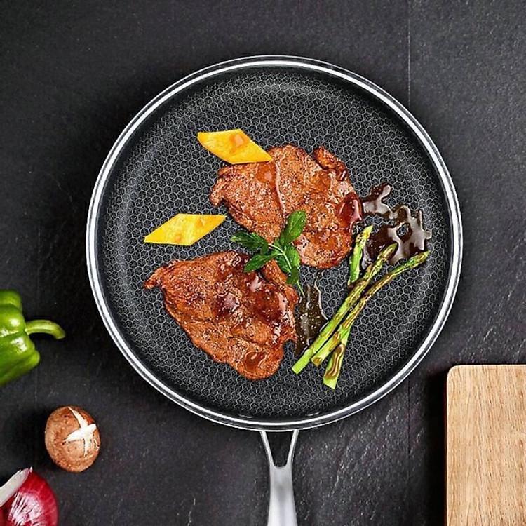 Chảo Vân Tổ Ong Inox 304 Đáy Bằng Siêu Chống Dính 28Cm Dùng Cho Mọi Loại Bếp