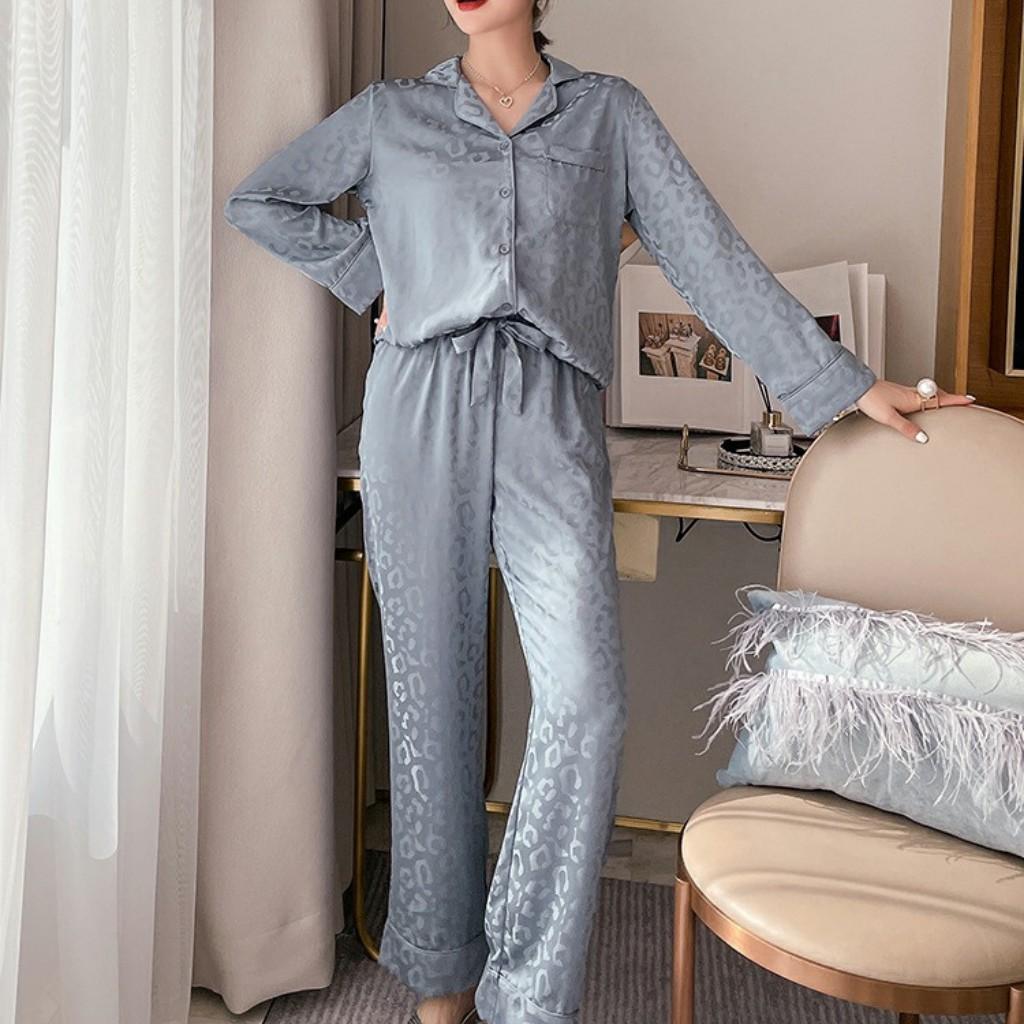 Bộ đồ ngủ, bộ ngủ nữ pijama lụa cao cấp Quảng Châu dài tay họa tiết sang trọng