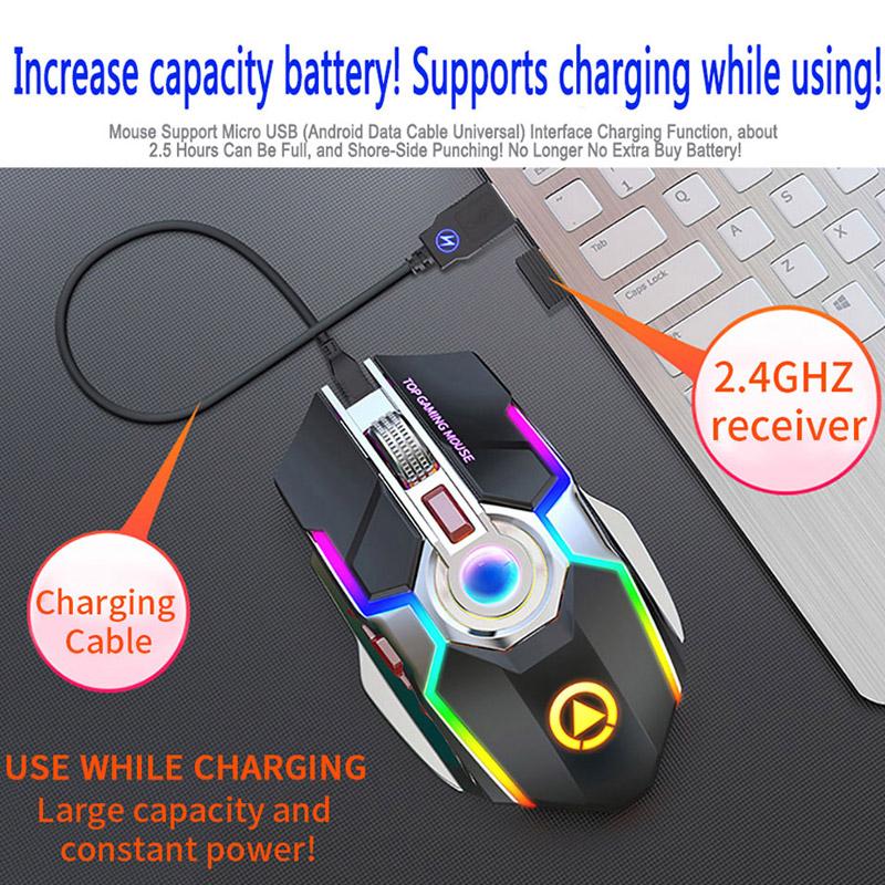 Chuột Chơi Game Không Dây Pin Sạc 2.4G Im Lặng 1600DPI Thiết RGB LED Backlit USB Thu Chuột Game Thủ Cho Máy Tính/Laptop