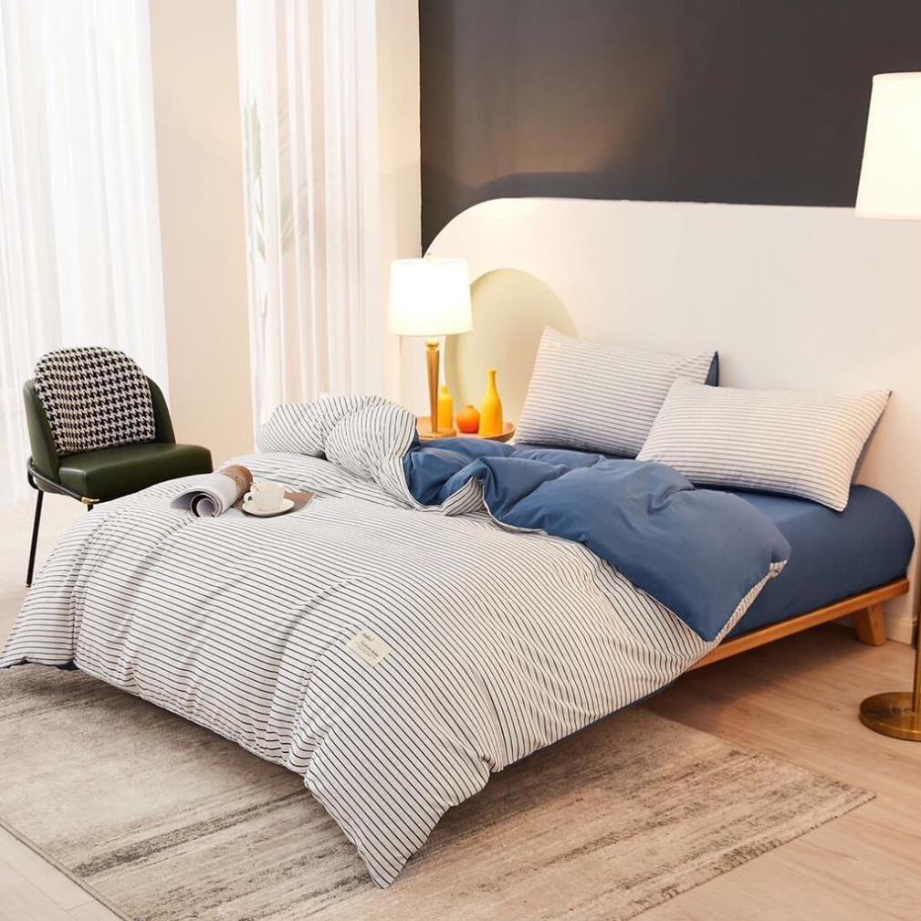 Bộ chăn ga gối Cotton TC Nhà Nhím Chăn ga gối kẻ sọc caro 4 món