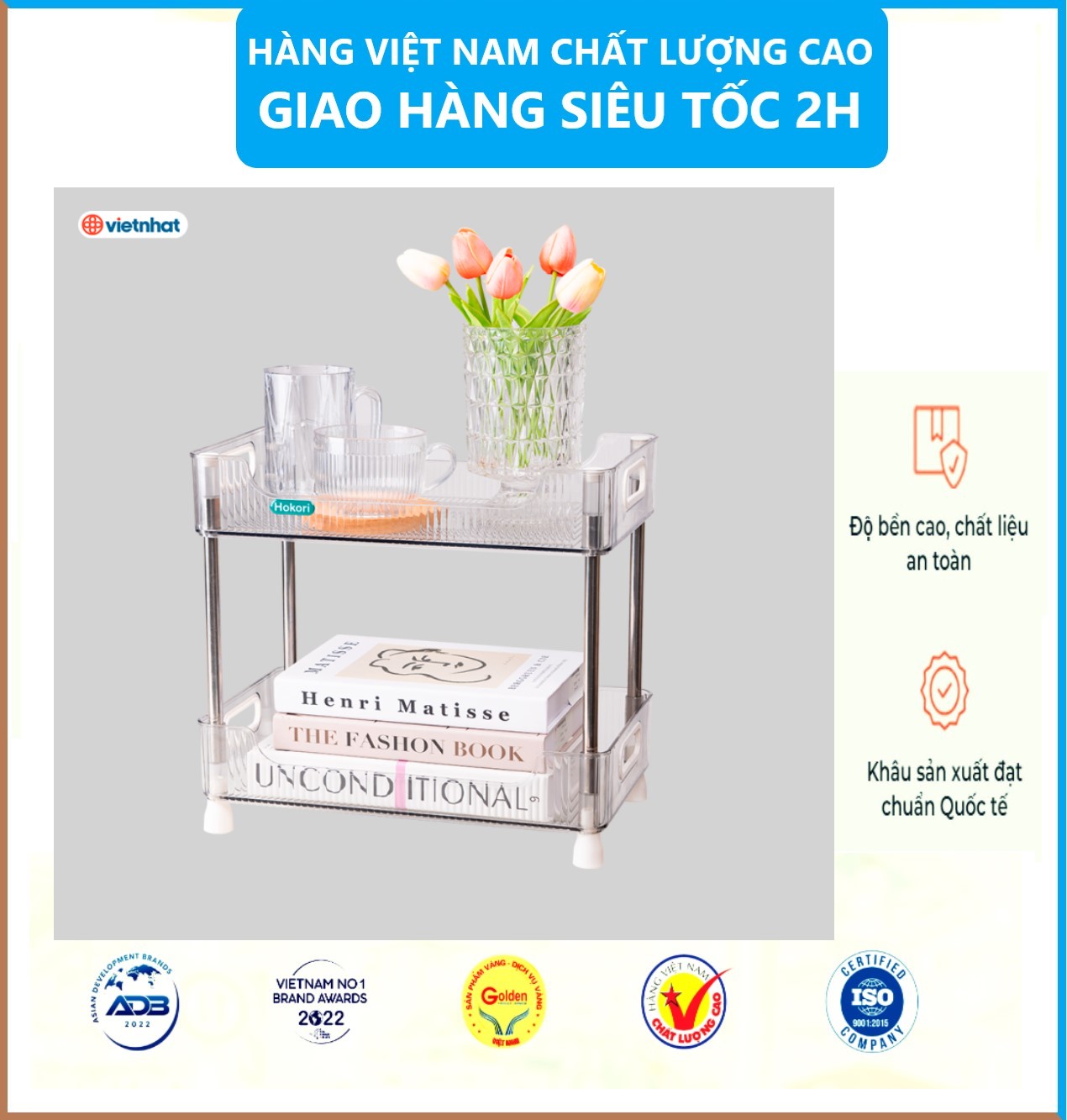 Kệ chữ nhật trong HOKORI khung inox 2 / 3 tầng nhựa VIỆT NHẬT cao cấp đựng đồ đa năng - Văn phòng, vệ sinh, phòng khách - Hàng Việt Nam