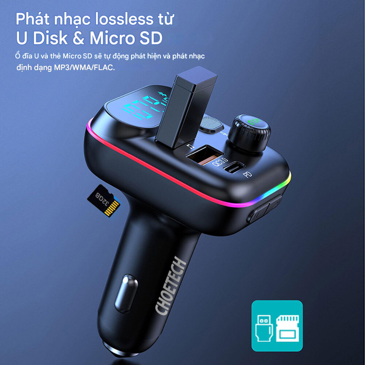 Tẩu sạc ô tô Choetech TC0050 tích hợp Bluetooth phát FM sạc nhanh 36W - Hàng chính hãng