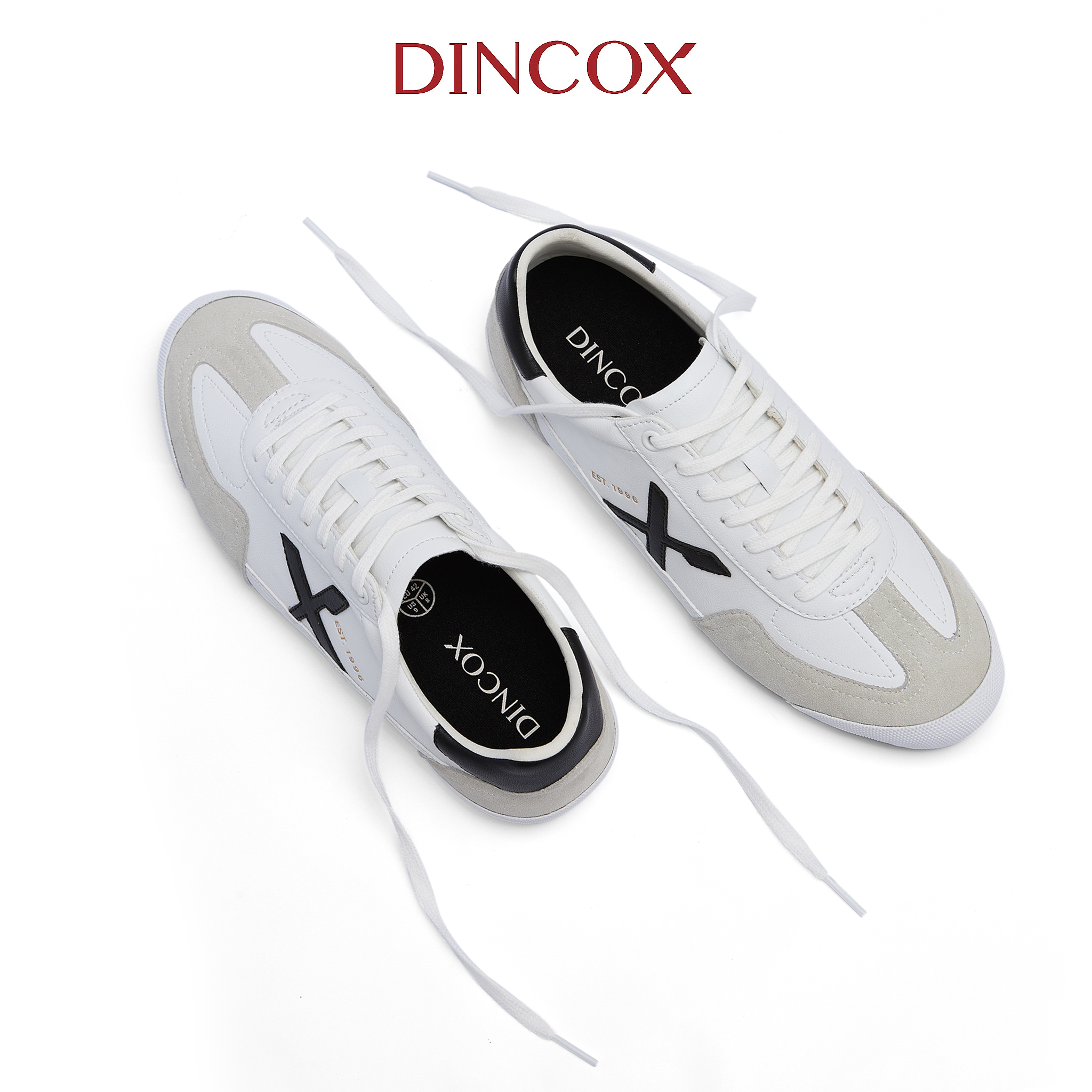 Giày Sneaker Nam Nữ Dincox DC47 WHITE/ BLACK Micro Suede Kết Hợp Da Shoes Đế Bằng, Bền Và Nhẹ Hơn