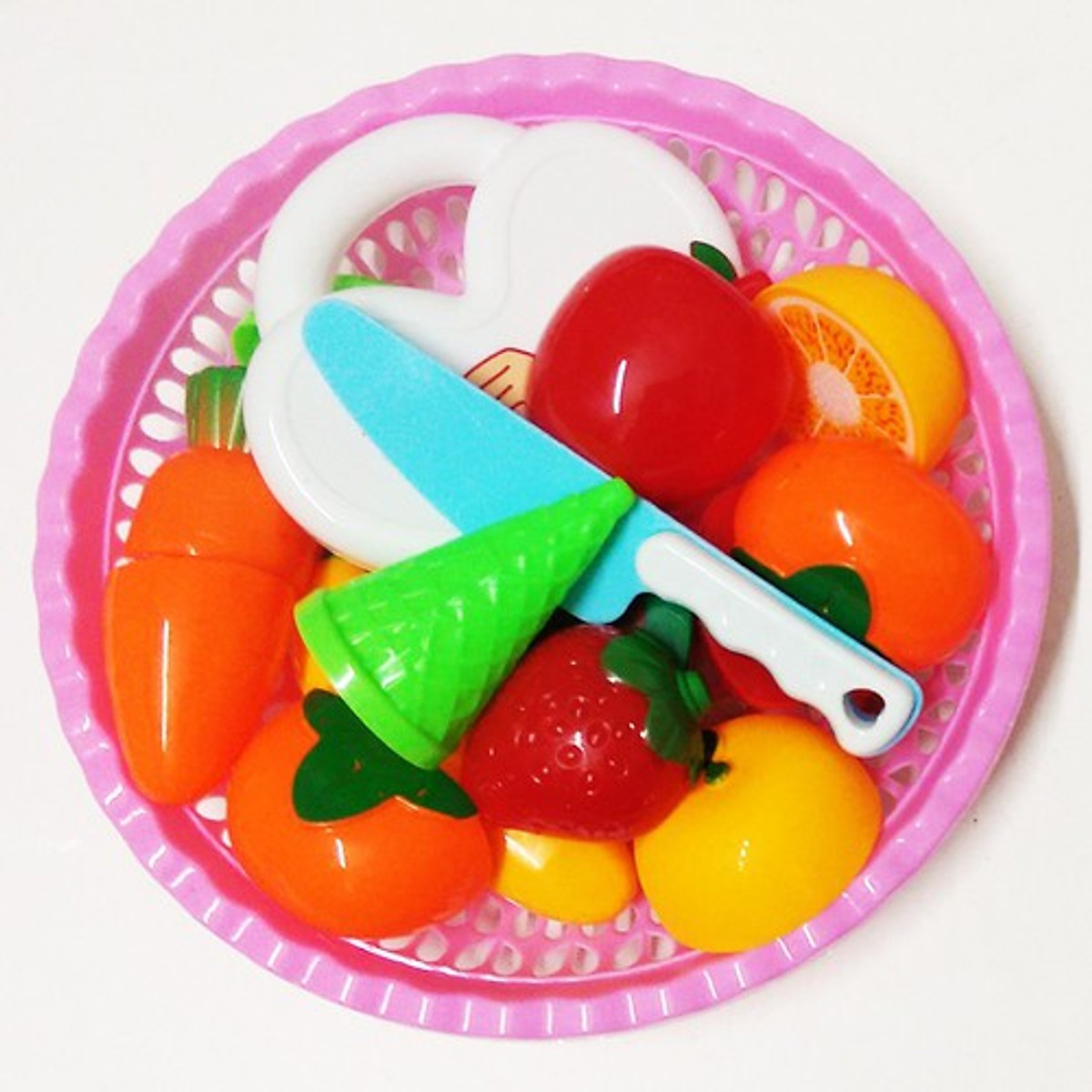 Túi đồ chơi cắt trái cây, hoa quả lắp ghép kèm rổ và thớt cho bé ( Tặng 01 khăn voan đại che bụi cho bé )