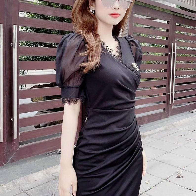 Đầm body nữ dự tiệc tay bồng phối ren màu trắng đen gợi cảm trẻ trung